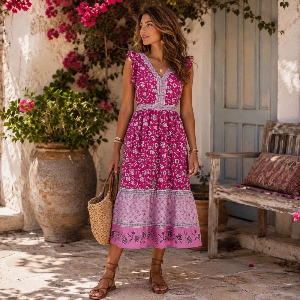 NWOT LOFT Border Ruffle Midi  Dress V-Neck Pockets Pink Floral 2